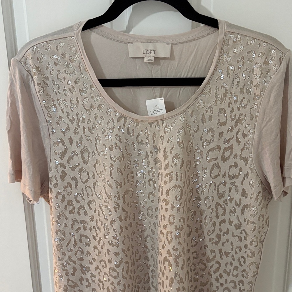 LOFT Light Brown Sequin Short Sleeve Top